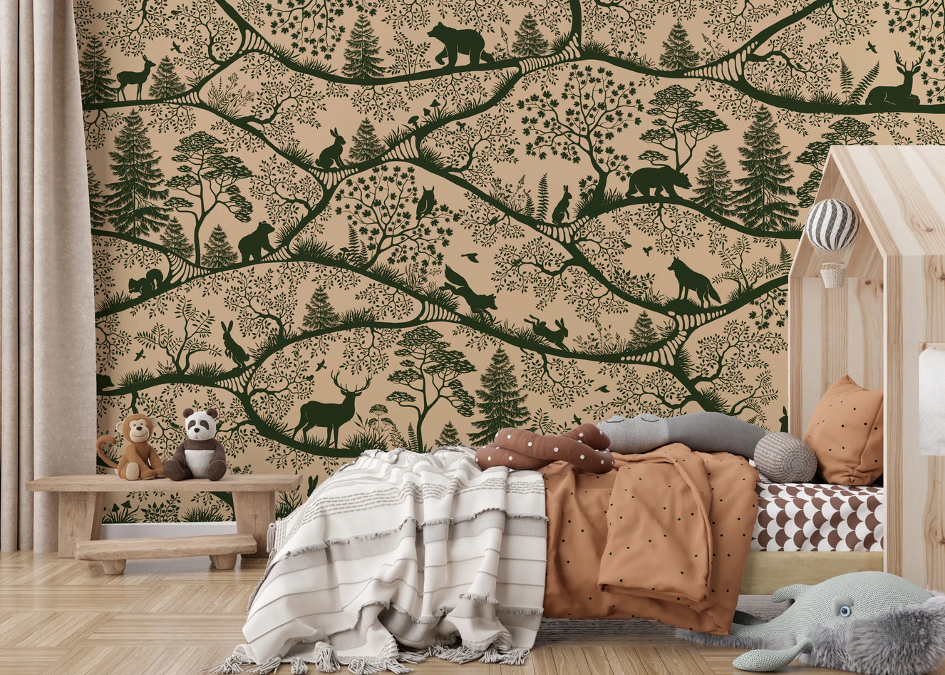 Nordic Nature Beige Green Wall Mural in a bedroom with a wooden house-shaped bed frame.