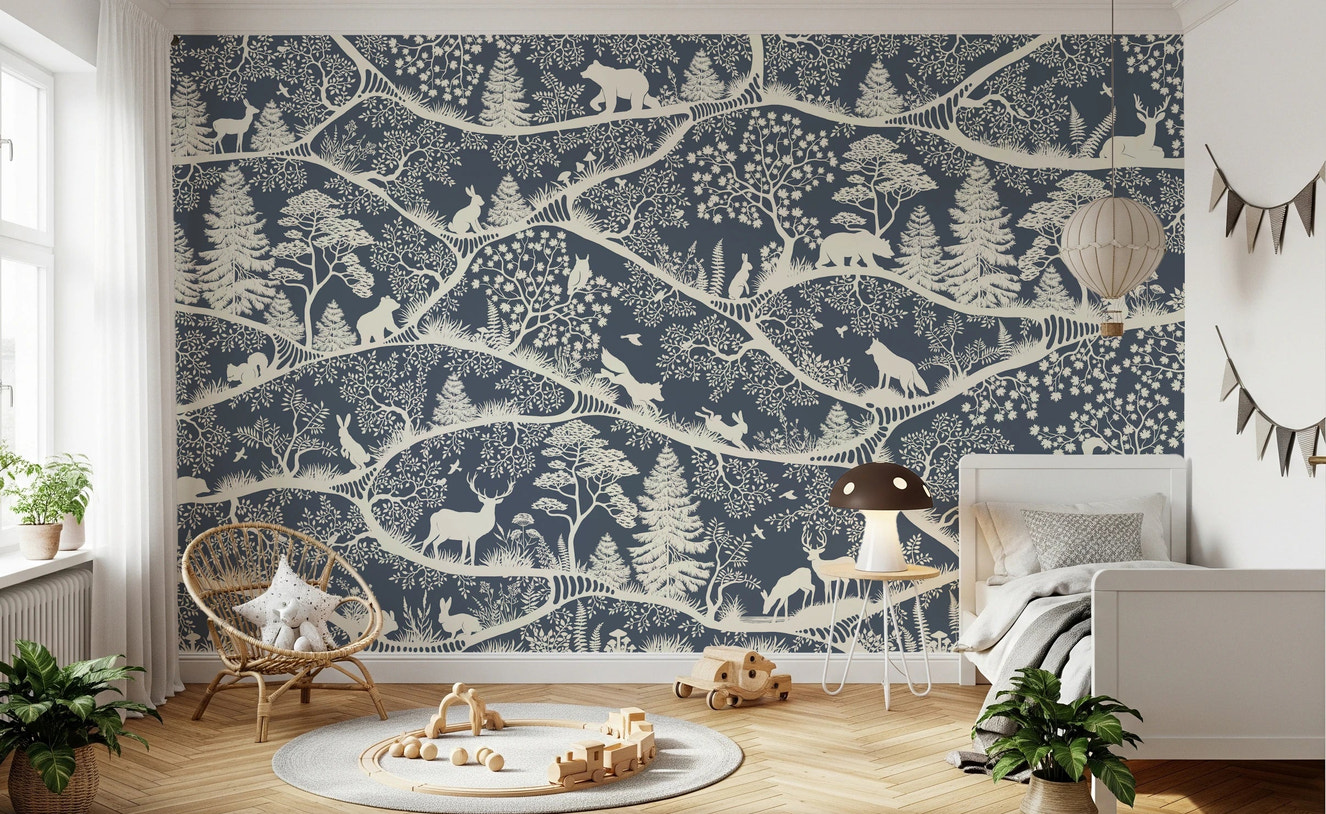 Sunlit kids room with a blue animal pattern wall mural and a round rug.