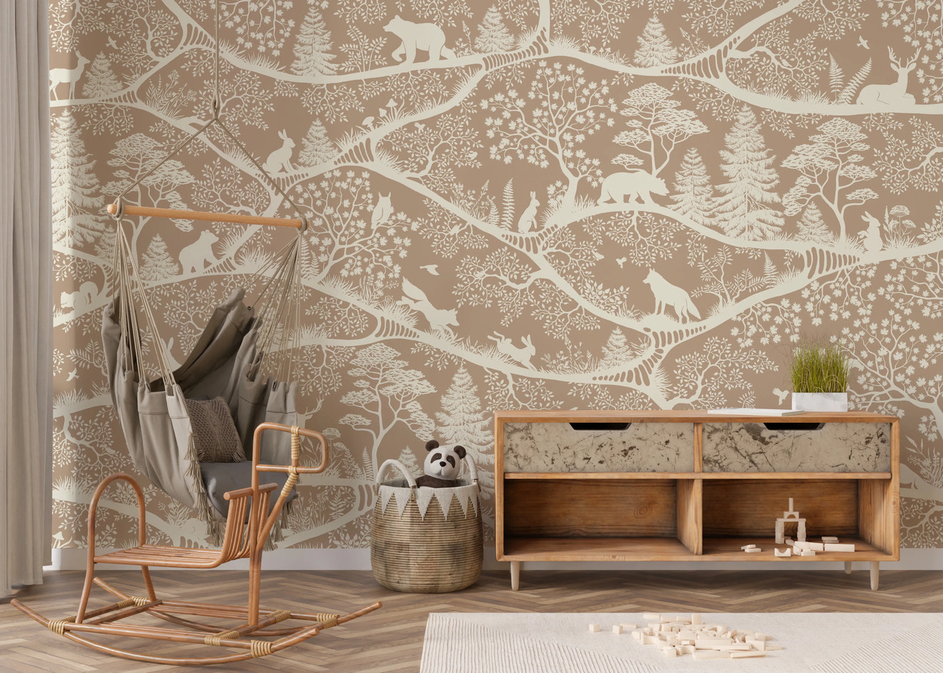 Nordic Nature Brown White Wall Mural in nursery with wooden rocking chair.