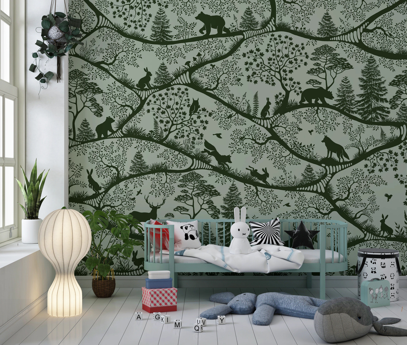Nordic Nature Green Wall Mural in a kids bedroom with a light blue wooden bed.