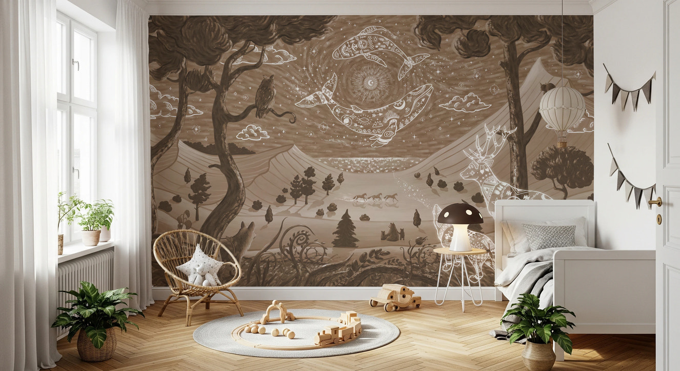 Spirit Night Brown Wall Mural in a bright bedroom with wooden toys and plants.