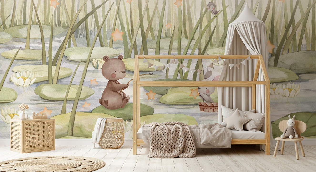 Pond animal wall mural behind a wooden house-shaped bed frame in a nursery.