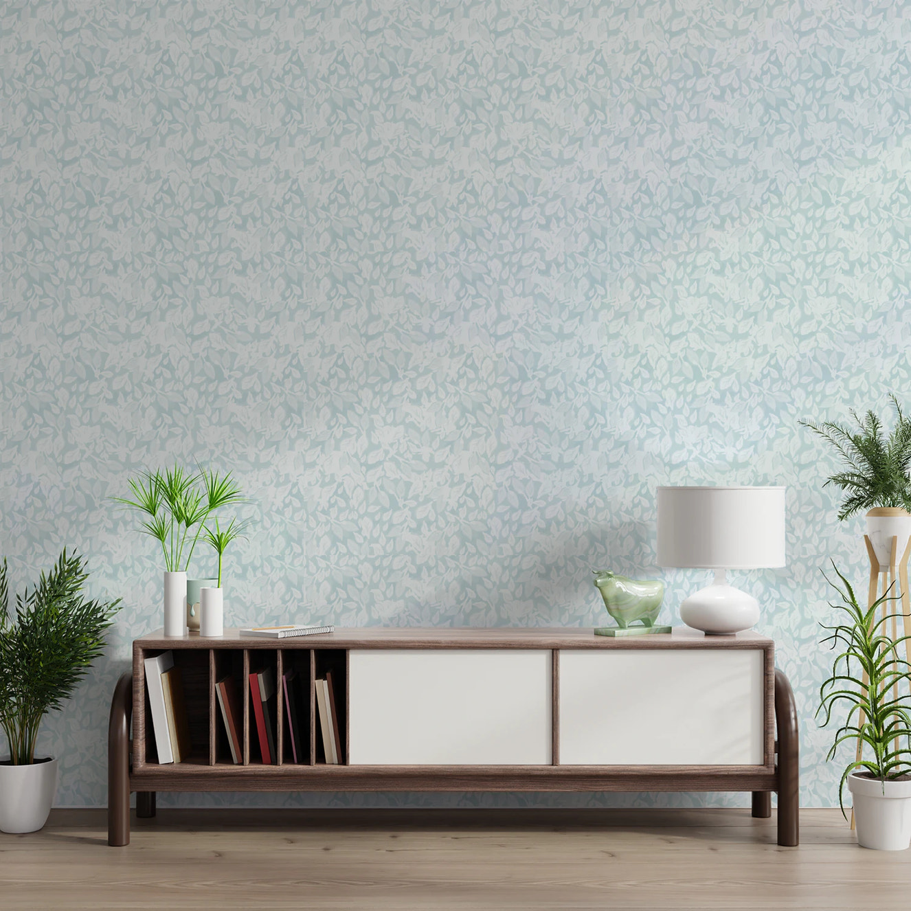 Light blue botanical wallpaper in a living room.