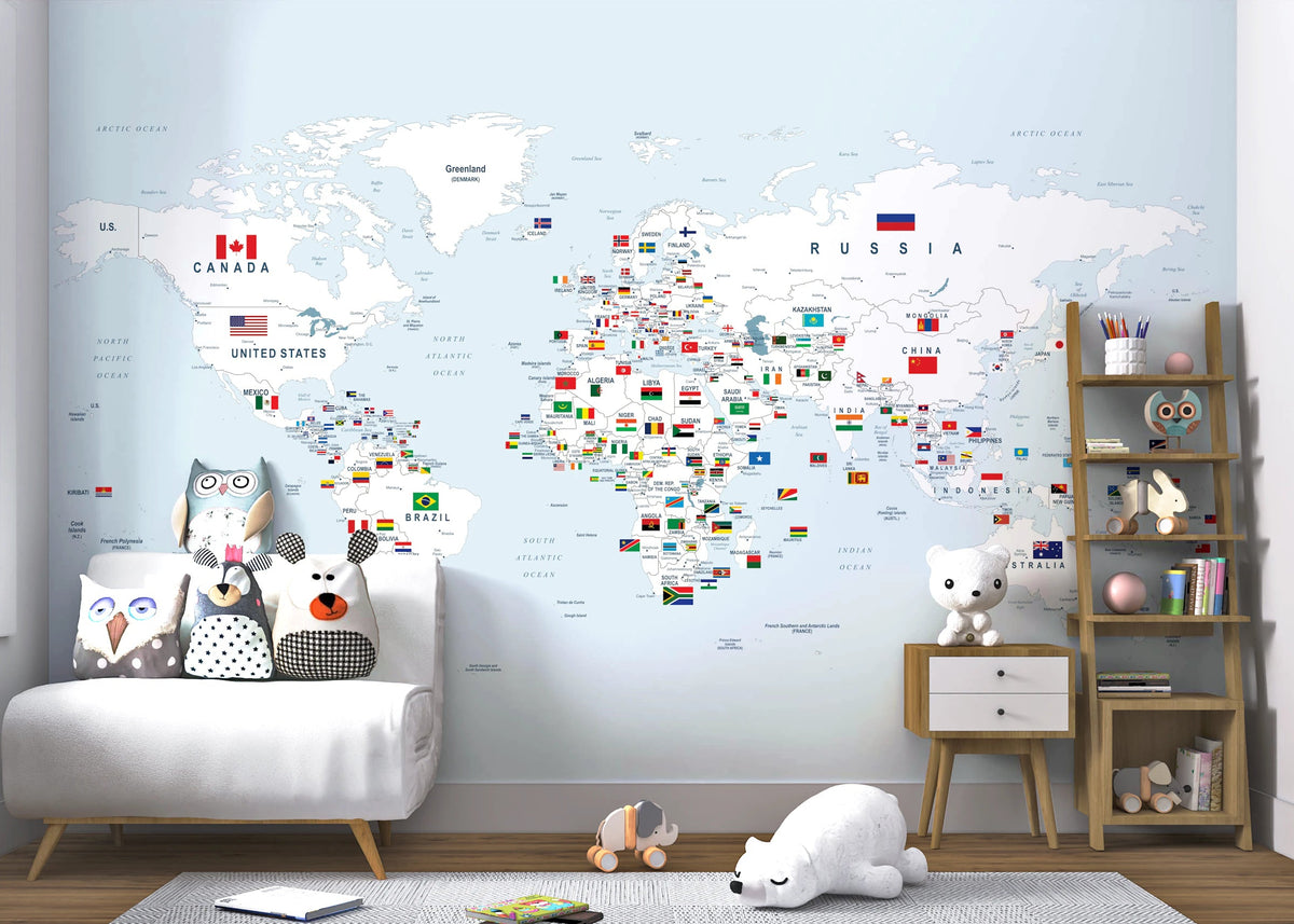 Global Flags and Frontiers Wall Mural in kids room with blur tone world map.