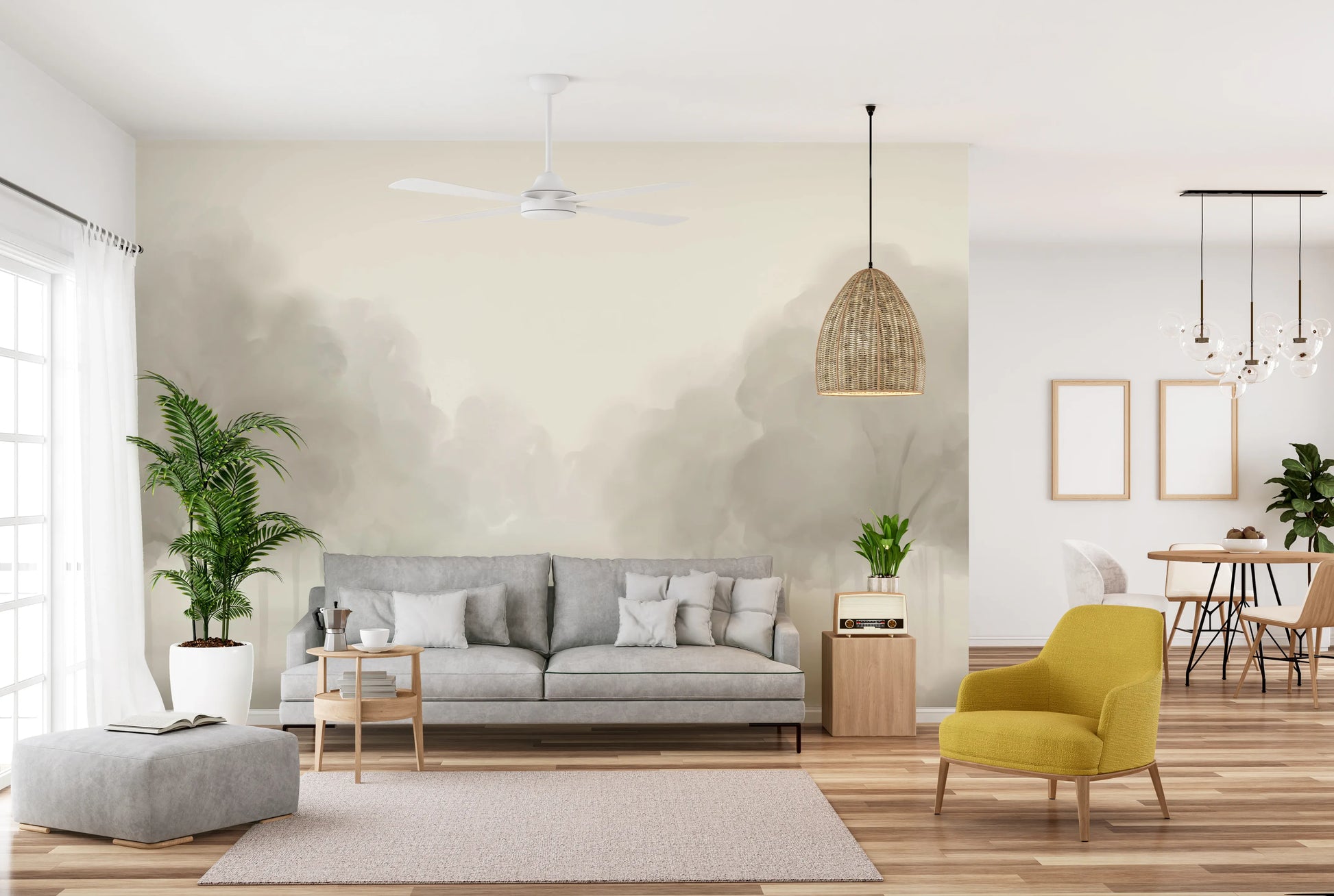 Soft beige Whispering painted tree landscape wall mural in open living area.
