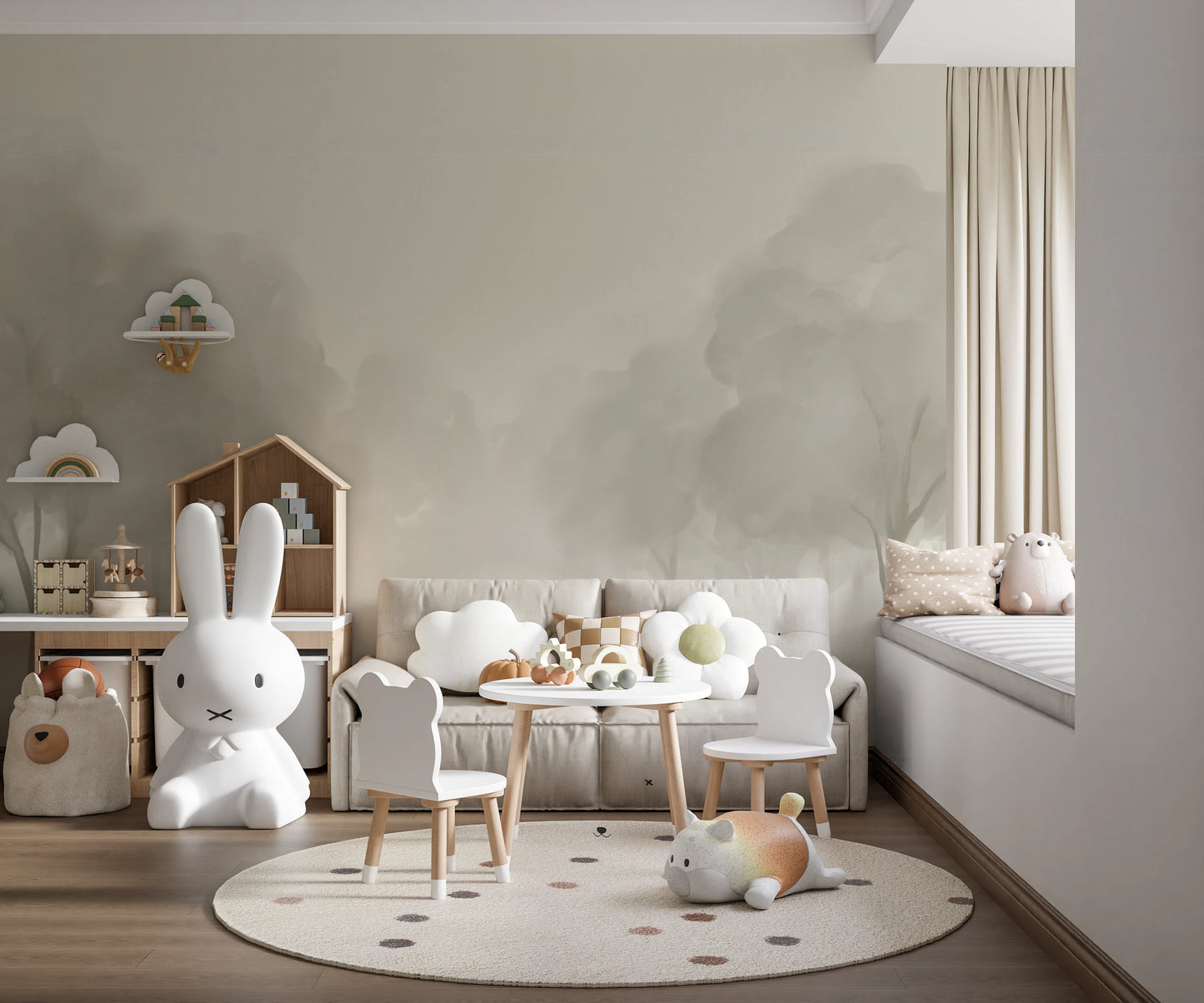 Kids room wall mural with neutral beige Whispering misty tree landscape pattern.