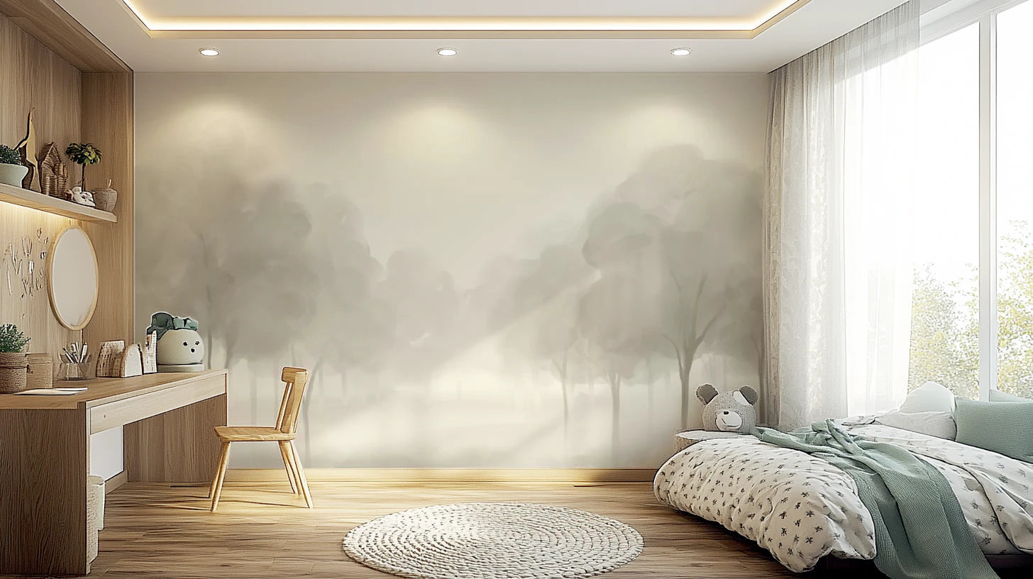 Bedroom wall mural with pale grey Blooms misty woodland watercolor design.