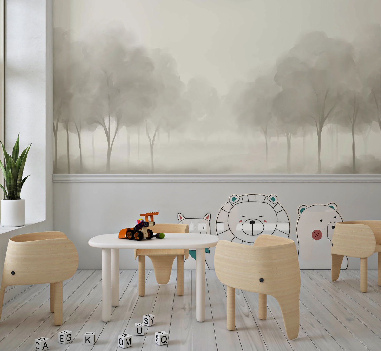 Minimalist misty forest Whispering Blooms Wall Mural in pale grey hues.