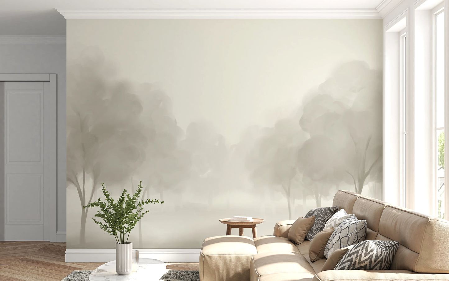 Neutral beige hazy forest wall mural with painted watercolor Blooms art.