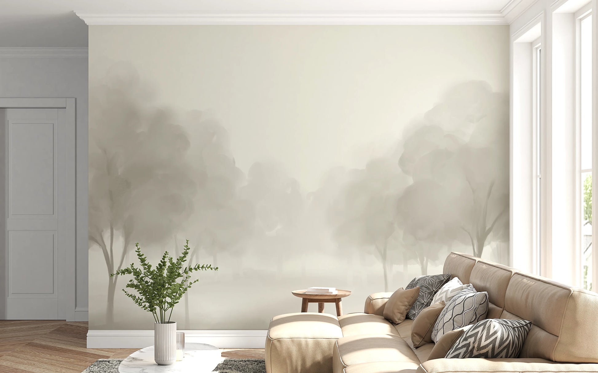 Neutral beige hazy forest wall mural with painted watercolor Blooms art.