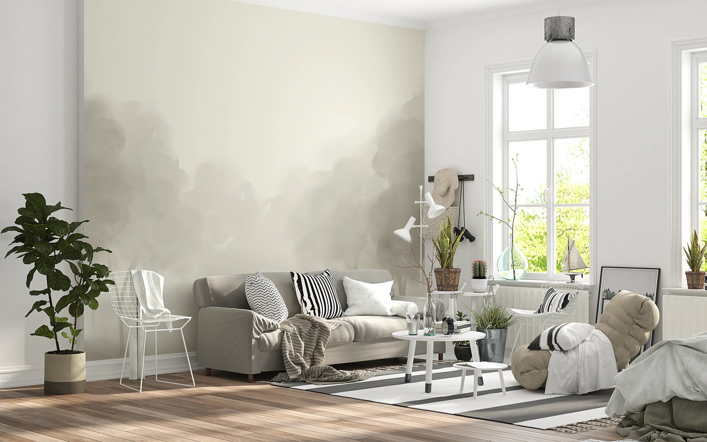 Whispering Blooms Wall Mural showing faded beige watercolor woods in living area.
