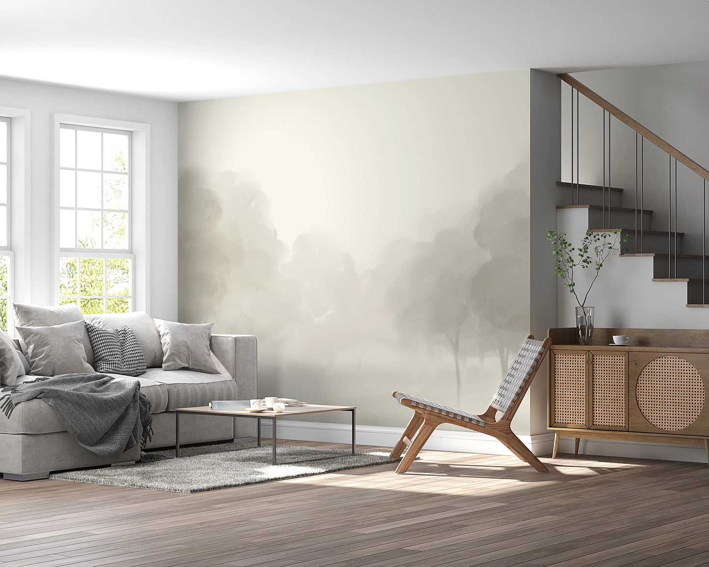  Whispering tree landscape wall mural in Light grey watercolor tone.