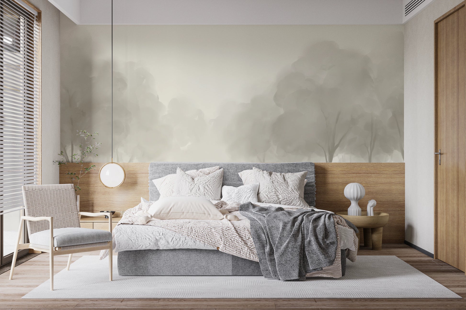 Faded monochromatic Whispering forest wall mural with light beige tones.