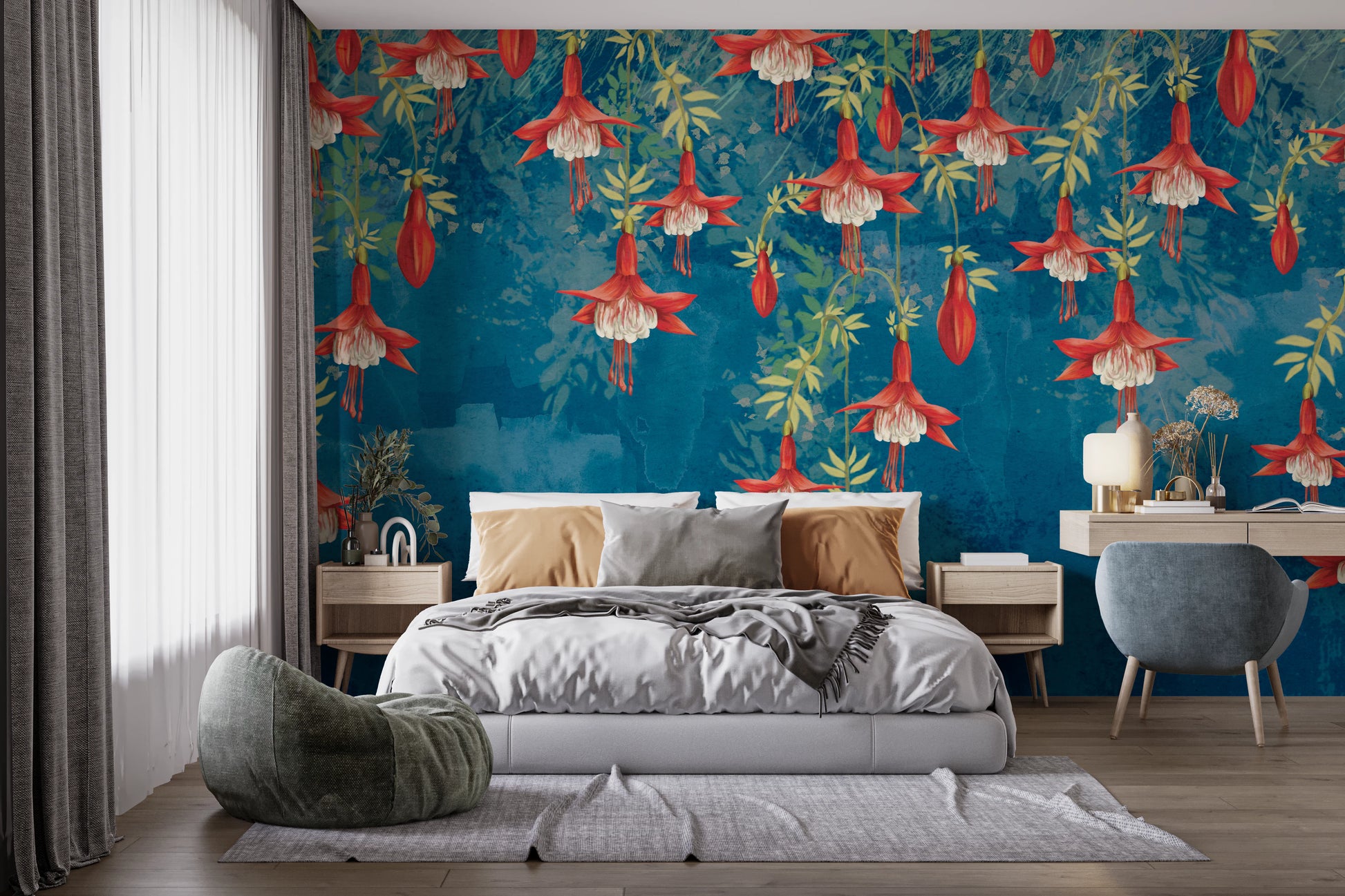 Decorative wall mural showing hanging garden blooms on a blue base.