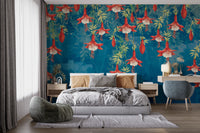 Decorative wall mural showing hanging garden blooms on a blue base.