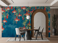 Large scale floral wall mural with a blue textured backdrop.