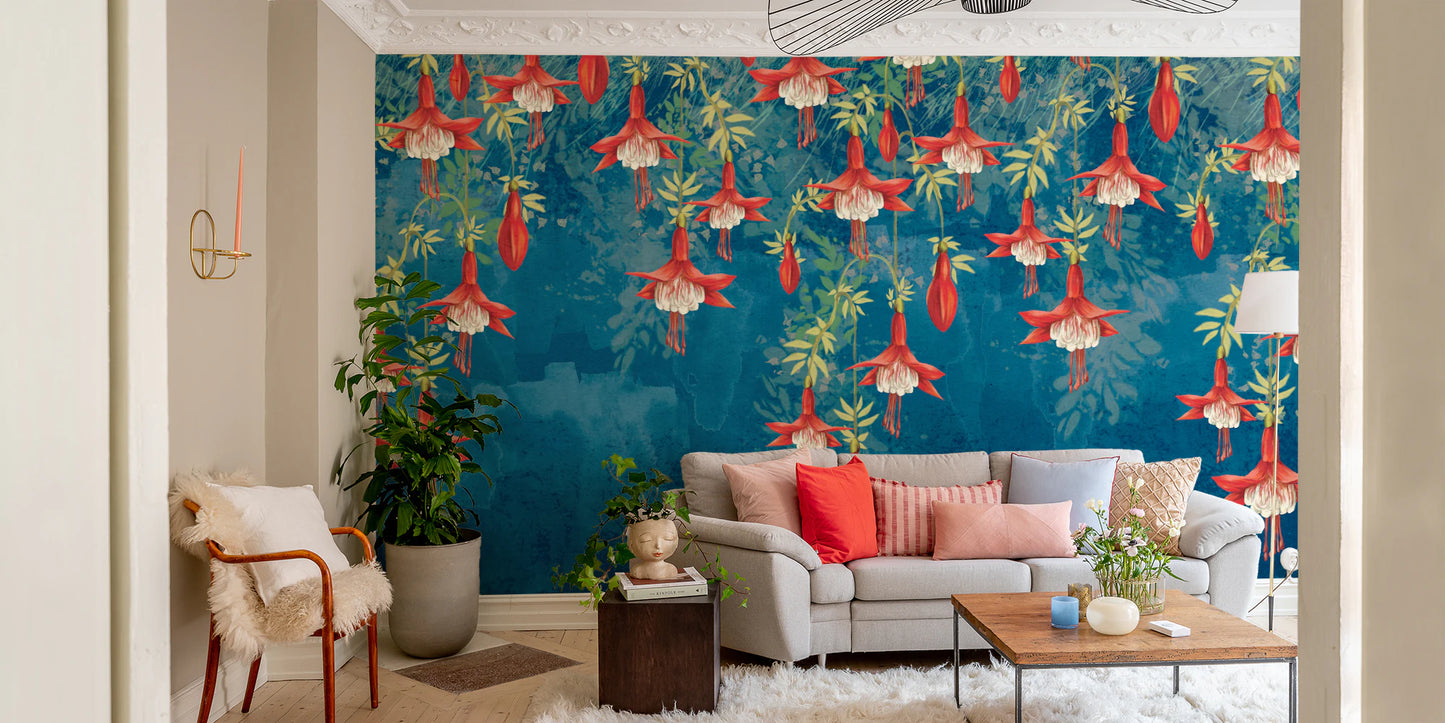Midnight Garden Fuchsia wall mural in living room with red flowers.