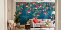 Midnight Garden Fuchsia wall mural in living room with red flowers.