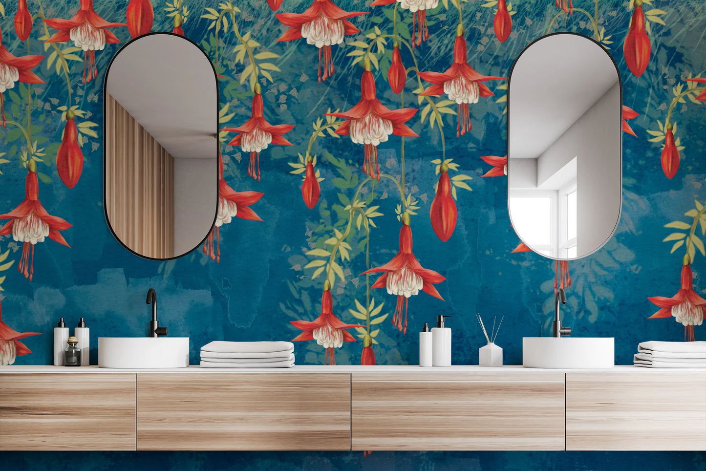Botanical wall mural displaying fuchsia flower patterns in a modern bathroom.