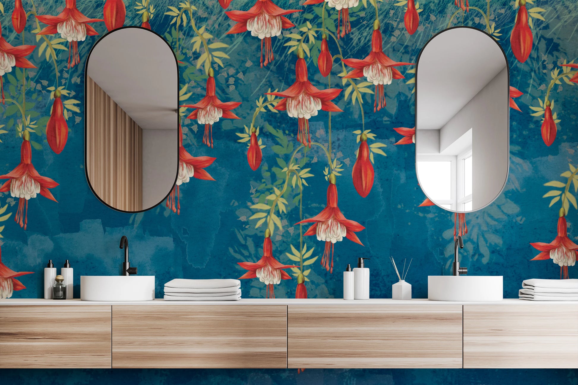 Botanical wall mural displaying fuchsia flower patterns in a modern bathroom.