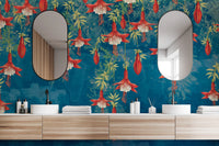 Botanical wall mural displaying fuchsia flower patterns in a modern bathroom.
