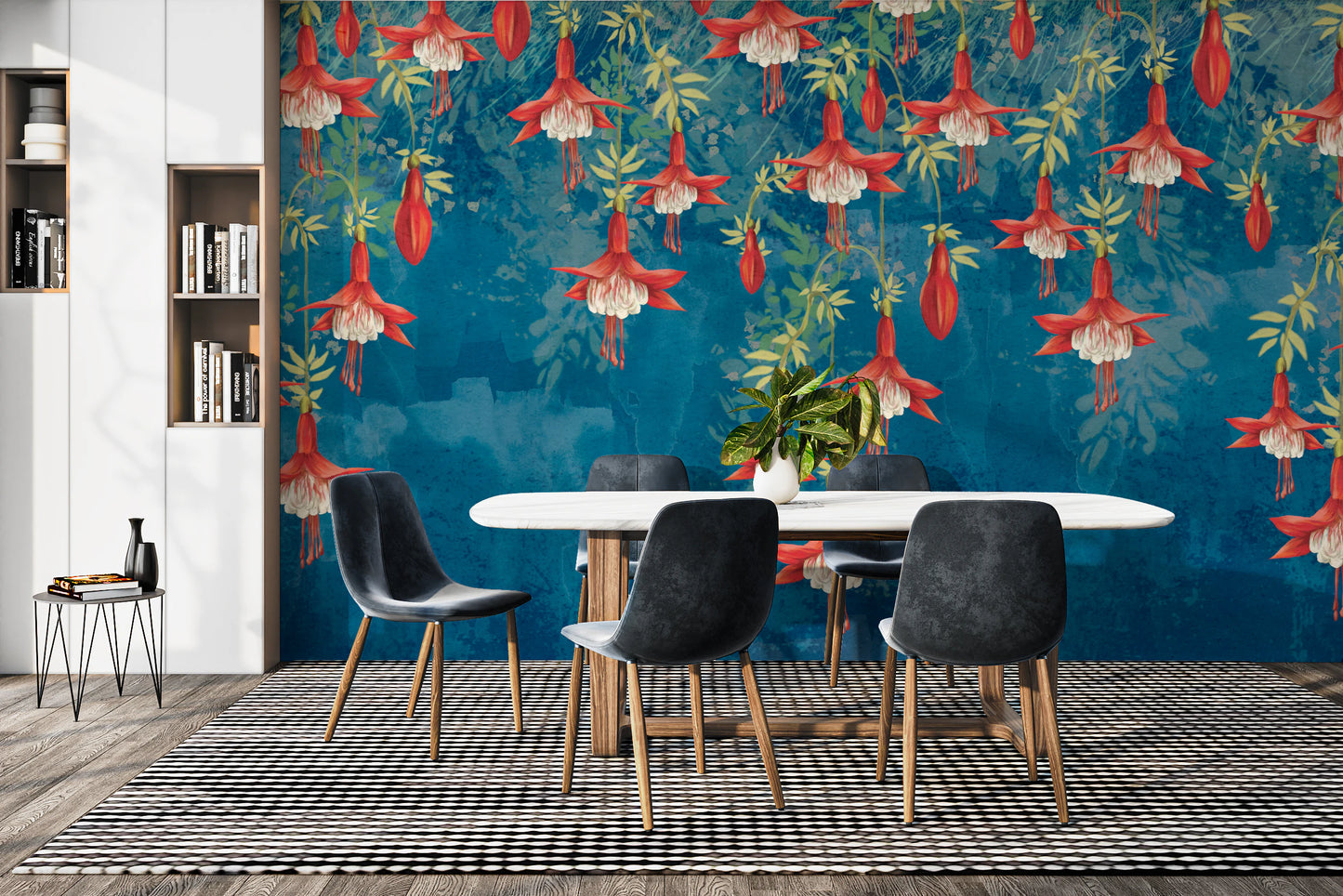 Red botanical pattern wall mural suitable for a dining room interior.