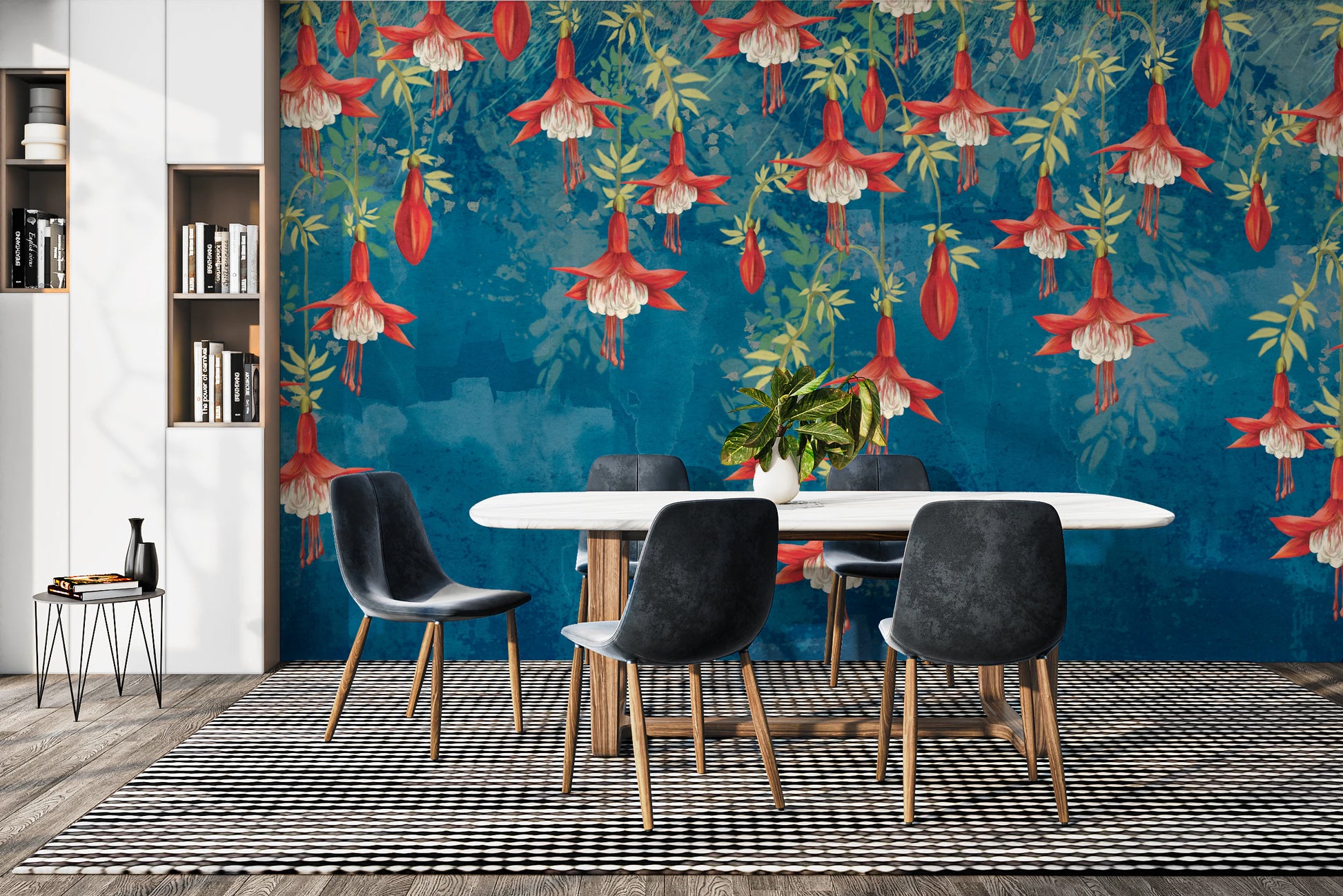 Red botanical pattern wall mural suitable for a dining room interior.