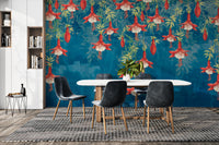 Red botanical pattern wall mural suitable for a dining room interior.