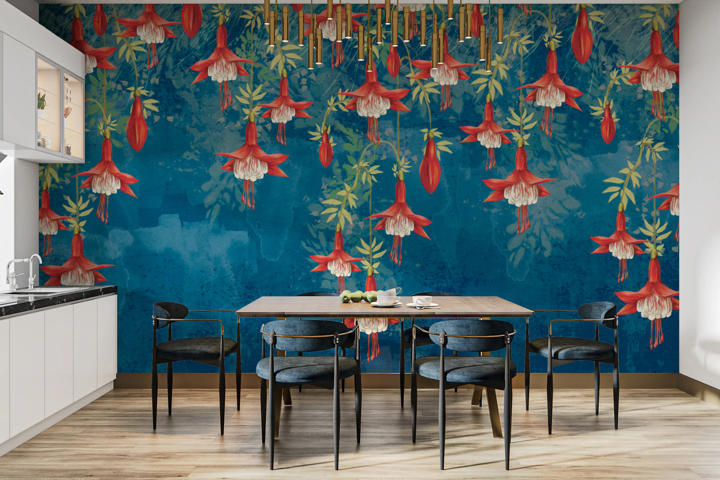 Floral wall mural with a vibrant red and blue color palette.