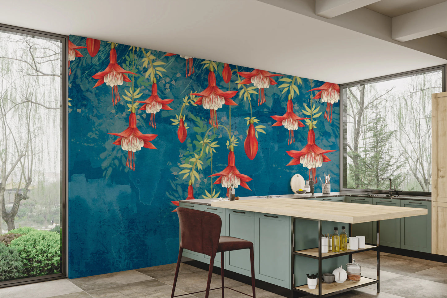 Midnight Garden Fuchsia wall mural for a stylish kitchen interior.