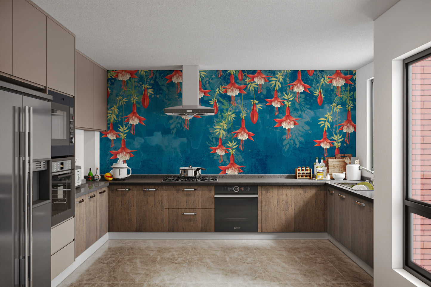 Hanging flower wall mural with blue tones in modern kitchen.