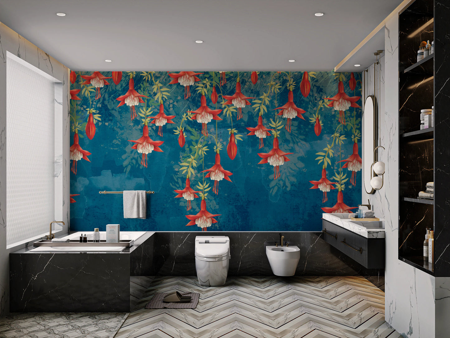 Nature inspired wall mural with fuchsia flowers for bathroom styling.