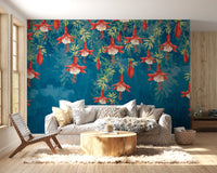Floral wall mural featuring red blossoms against a deep blue textured surface.