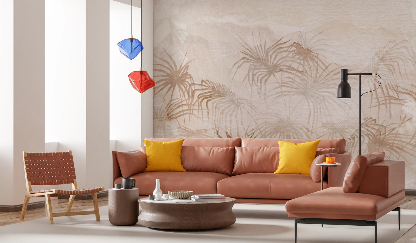 Textured neutral wall mural with a watercolor effect.