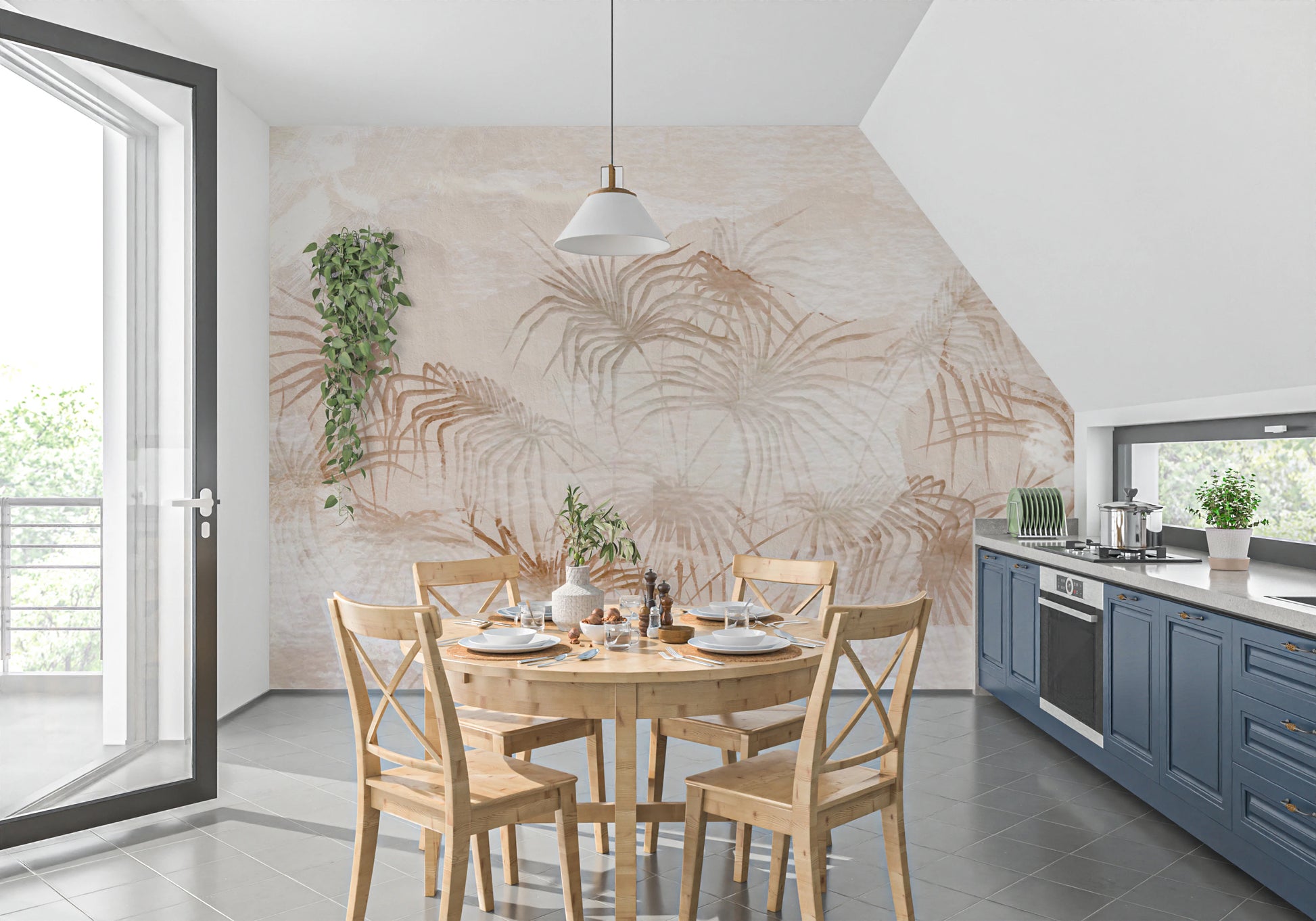 Soft neutral wall mural with large leaves pattern for a calm kitchen aesthetic