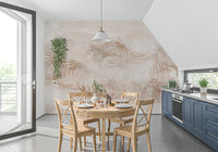 Soft neutral wall mural with large leaves pattern for a calm kitchen aesthetic