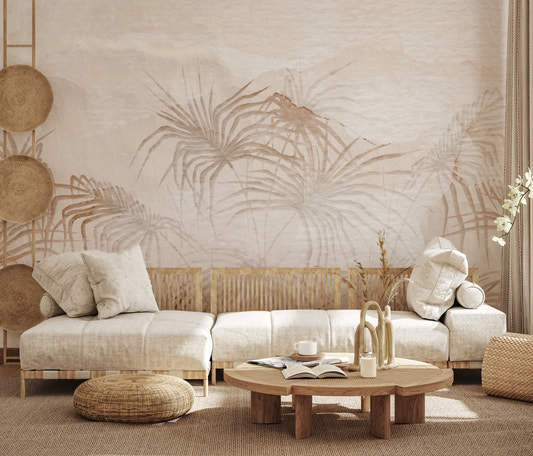 Abstract palm leaf design on a Whispering Dune Fronds Wall Mural in small living room.