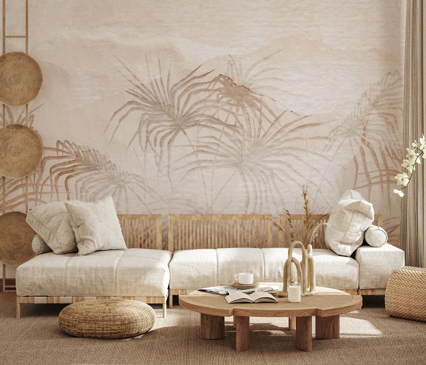 Abstract palm leaf design on a Whispering Dune Fronds Wall Mural in small living room.