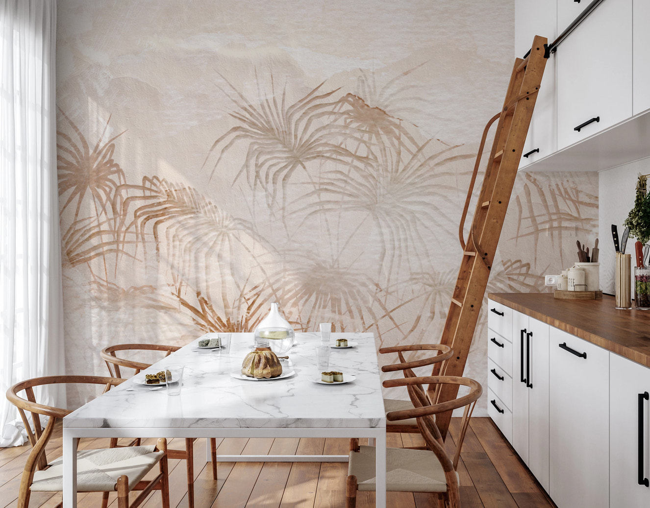 Textured beige wall mural featuring soft botanical illustrations.