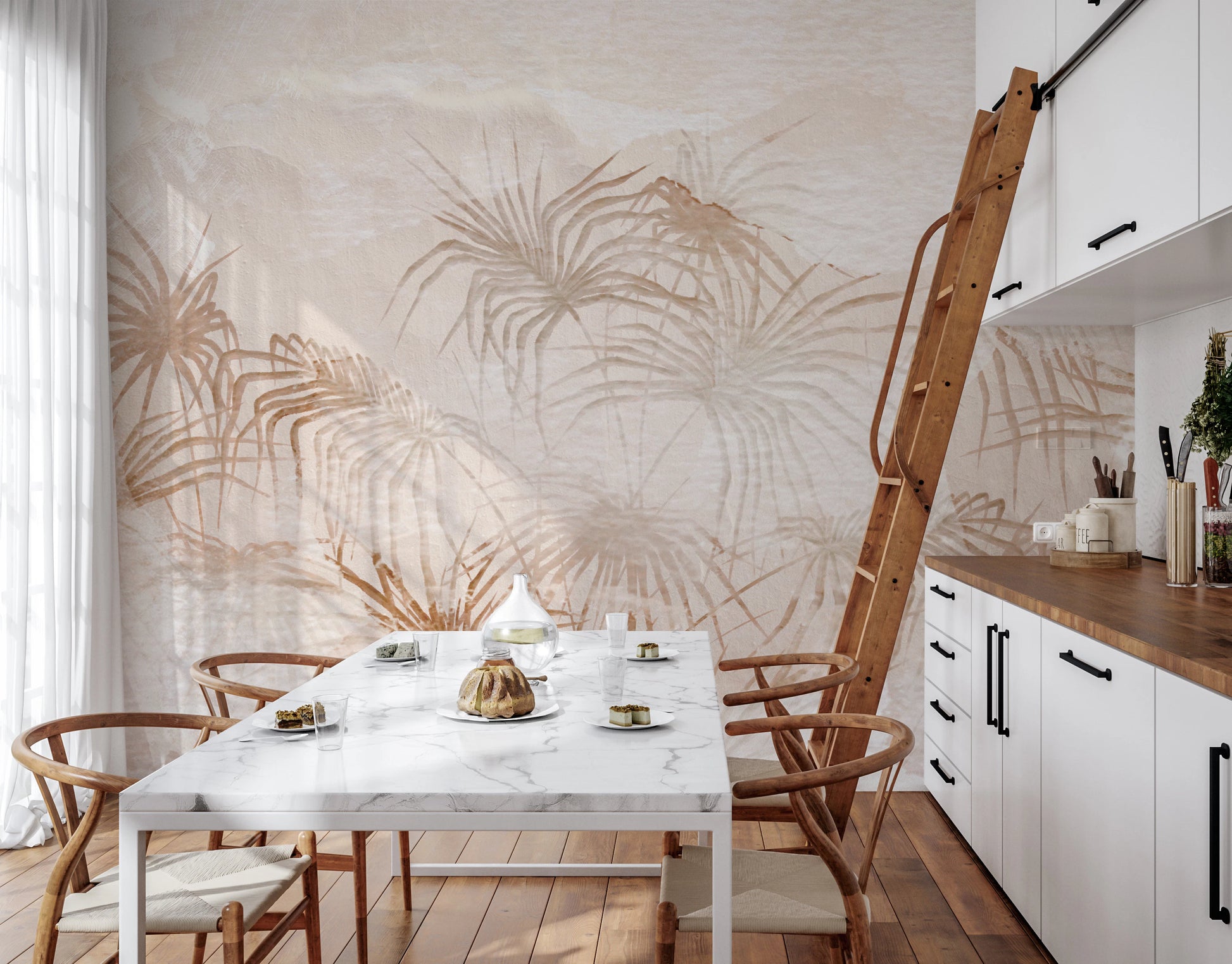 Textured beige wall mural featuring soft botanical illustrations.