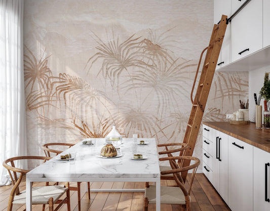 Textured beige wall mural featuring soft botanical illustrations.
