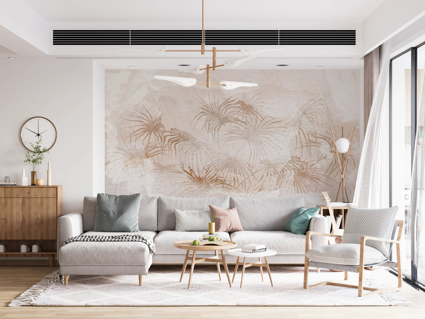 Abstract foliage wall mural for an understated living room backdrop.