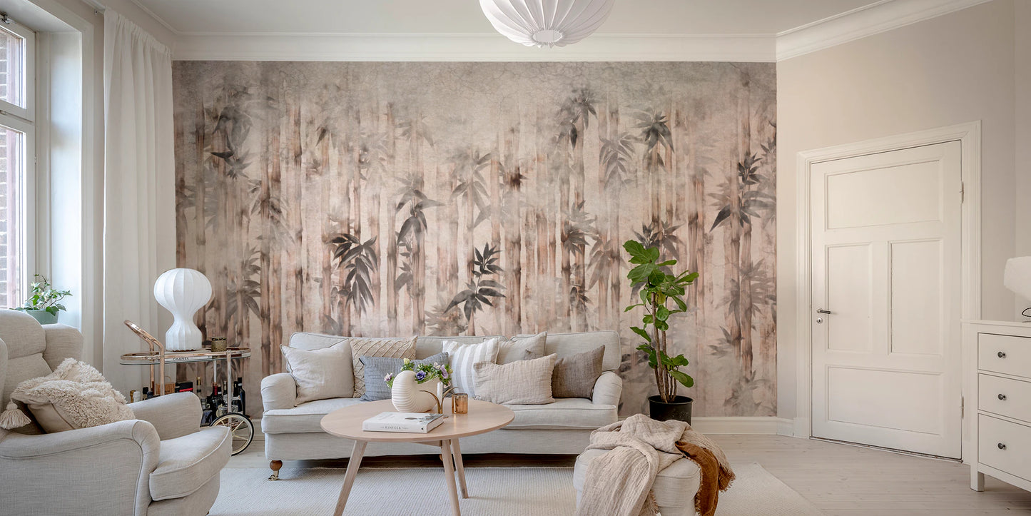 Neutral coloured wall mural showcasing a hazy bamboo grove in living room.