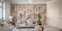 Neutral coloured wall mural showcasing a hazy bamboo grove in living room.