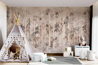 Textured wall mural with grey bamboo stalks and organic faded leaves.