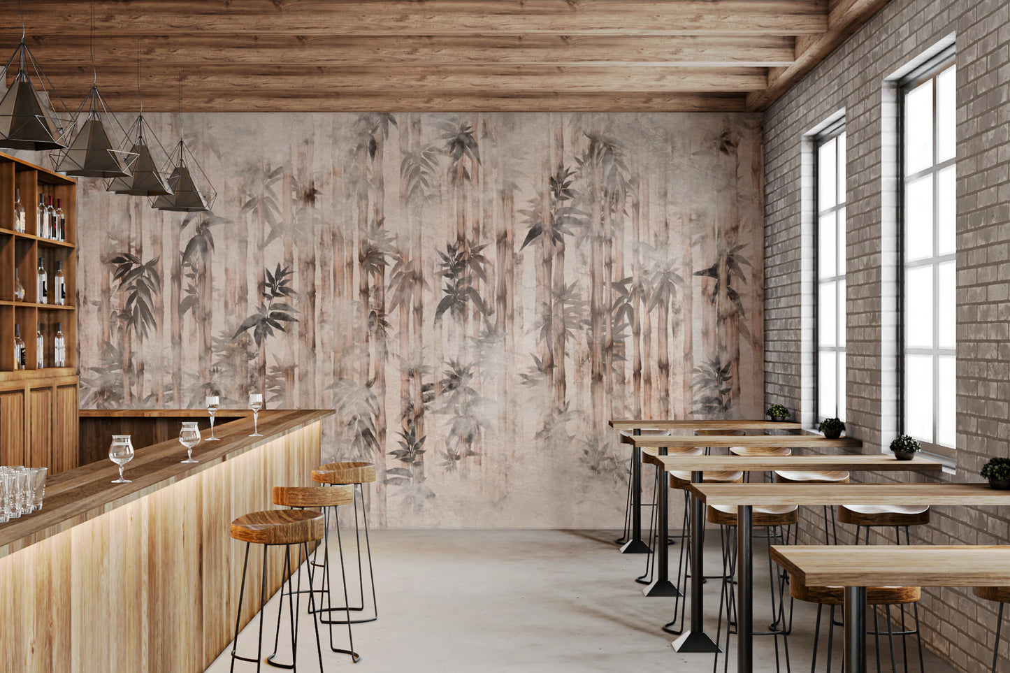 Cafe wall mural with Bamboo stalks depicted on a neutral grey background.