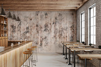 Cafe wall mural with Bamboo stalks depicted on a neutral grey background.