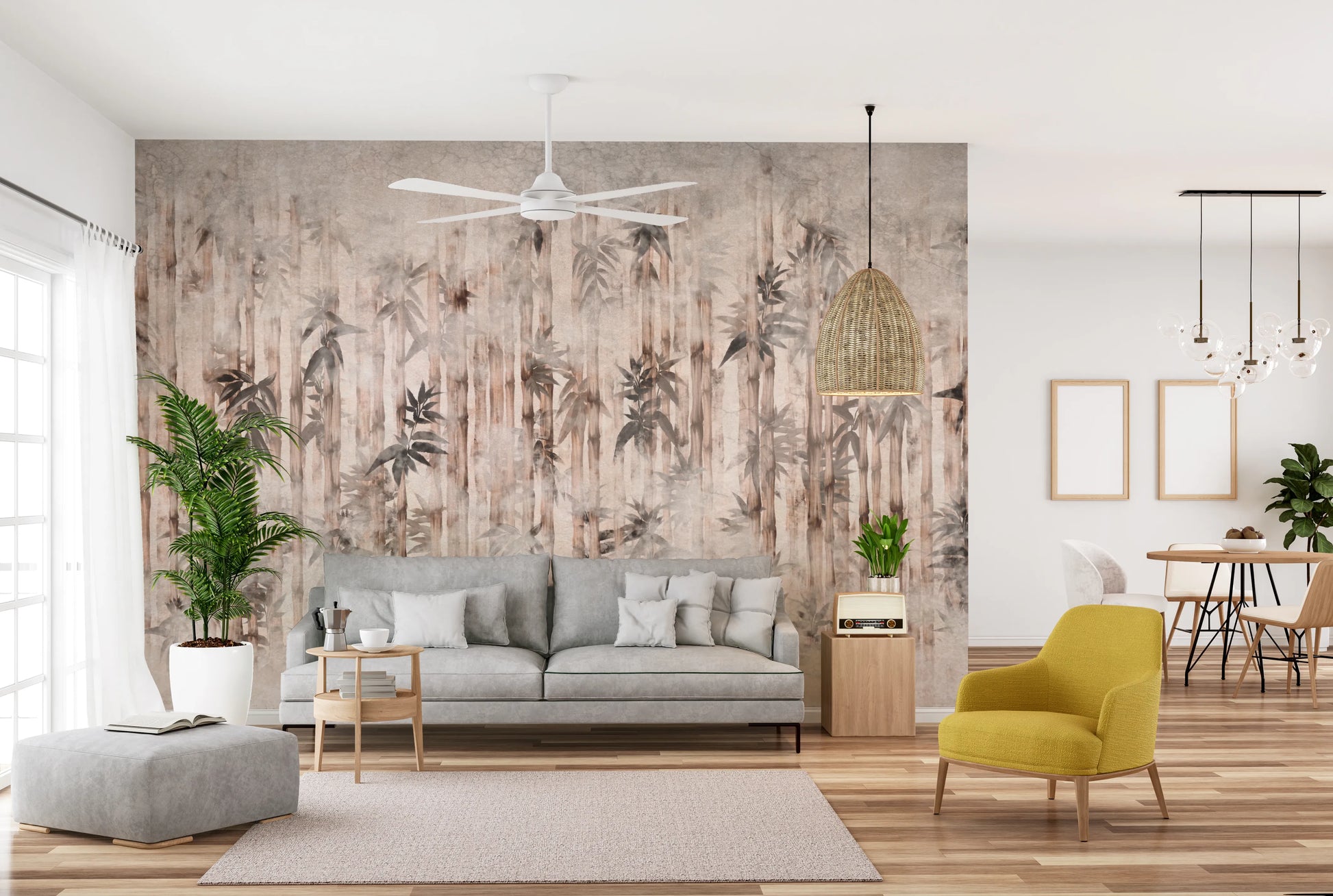 Misty Bamboo Horizon Wall Mural design with soft grey and brown accents.