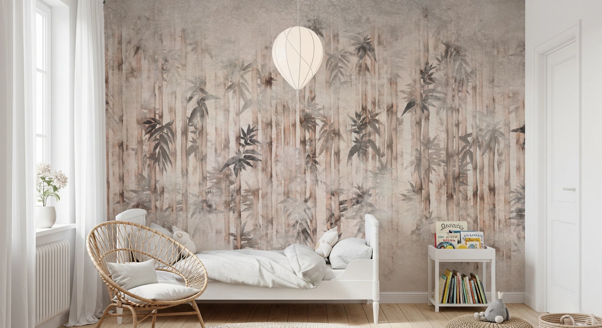 Grey bamboo wall mural with a vertical pattern in bright bedroom.