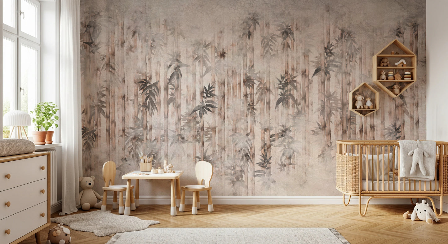 Faded bamboo forest mural suitable for a nursery feature wall.